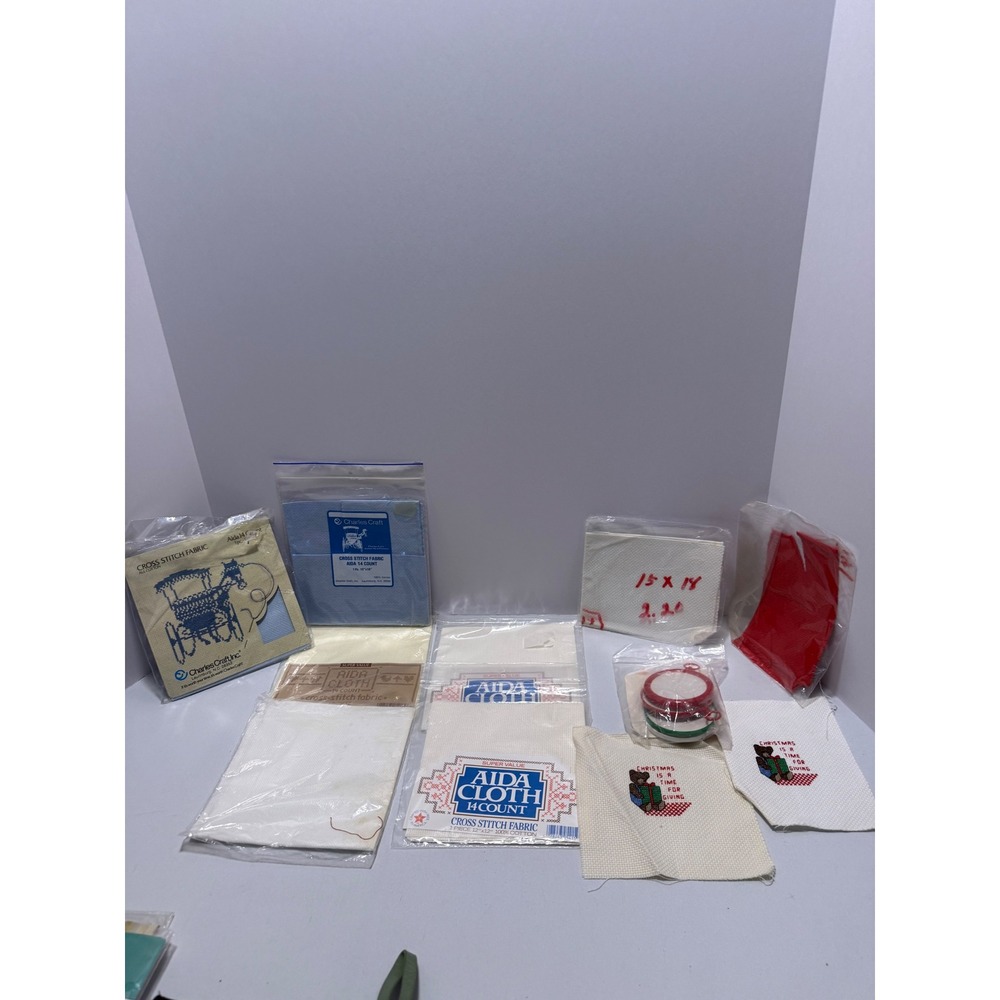 Charles Craft Aida Cloth Lot Vintage Cross Stitch Fabric Hoops 14 Count Multi